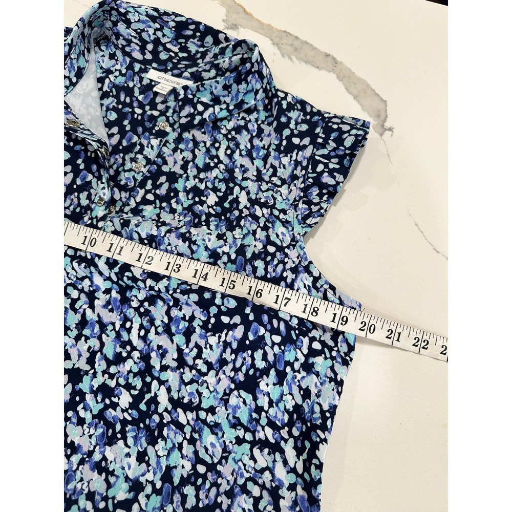 Chicos Zenergy Blue Purple Abstract Print Ruffle Sleeve Snap Front Dress Sz 1 M - Picture 5 of 6